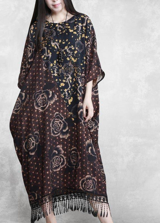 Style Chocolate Print Quilting Clothes O Neck Tassel Plus Size Spring Dresses - SooLinen