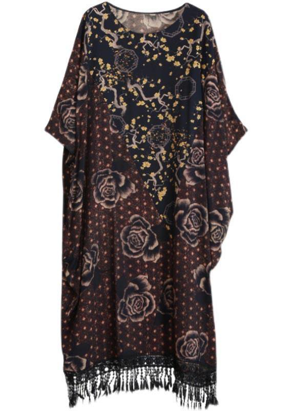 Style Chocolate Print Quilting Clothes O Neck Tassel Plus Size Spring Dresses - SooLinen