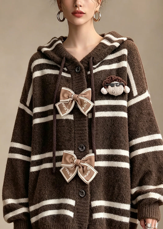 Style Coffee Striped Bow Hooded Knit Sweaters Coat Fall