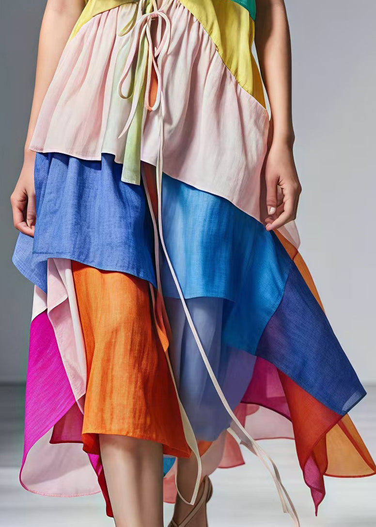 Style Colorblock Cinched Patchwork Cotton Sundress Summer