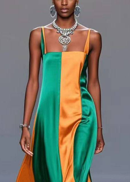 Style Colorblock Patchwork Wrinkled Silk Cami Dresses Summer