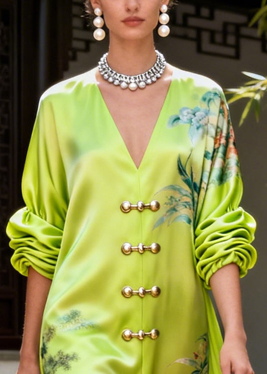 Style Fluorescent Green V Neck Print Silk Vacation Dresses Summer