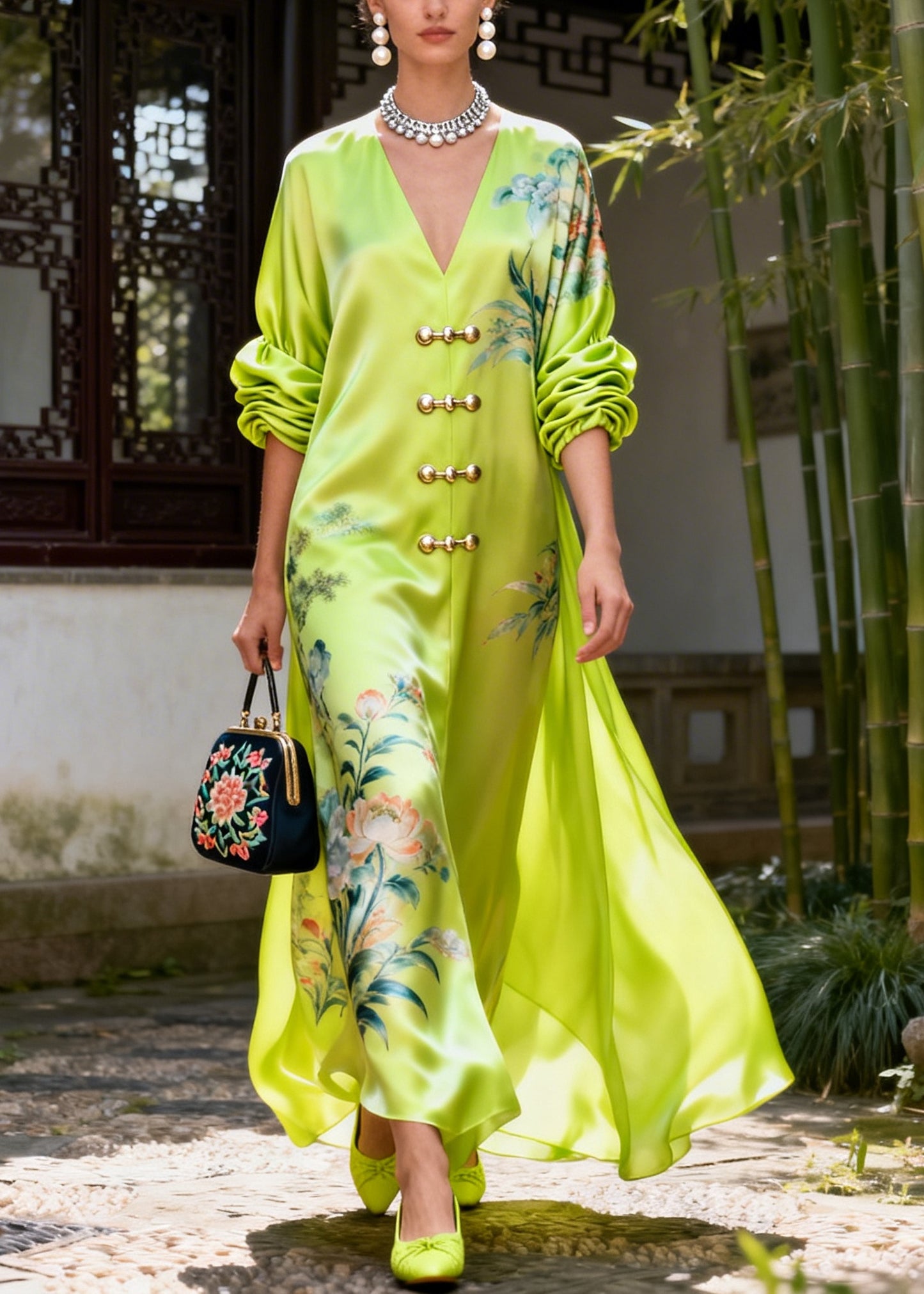 Style Fluorescent Green V Neck Print Silk Vacation Dresses Summer