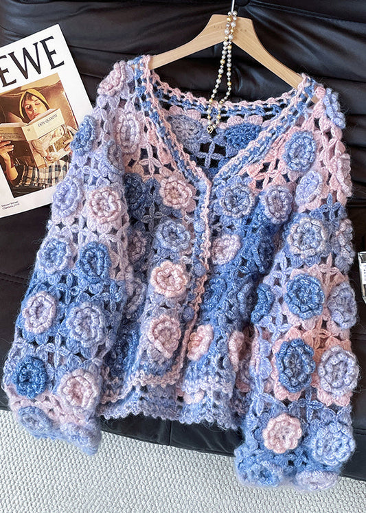 Style Gradient Color Hollow Out Floral Decorated Knit Cardigans Fall