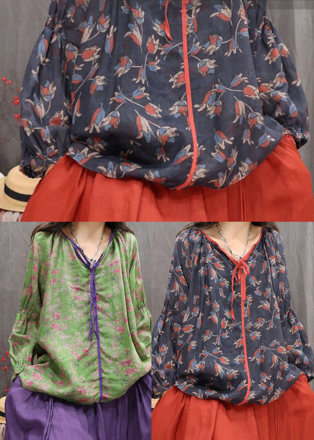 Style Green Lace Up Print Cotton Shirts Fall
