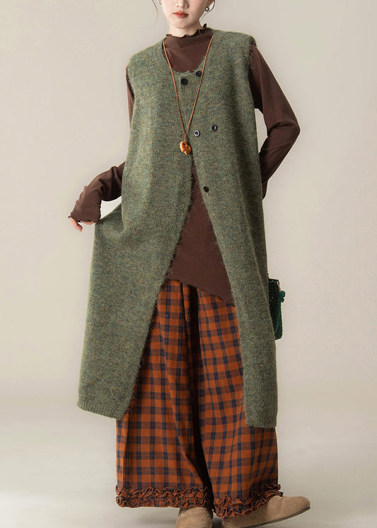 Style Green O-Neck Cotton Knit Long Sweaters Dress ,Top And Wide Leg Pants Three Pieces Set Sleeveless