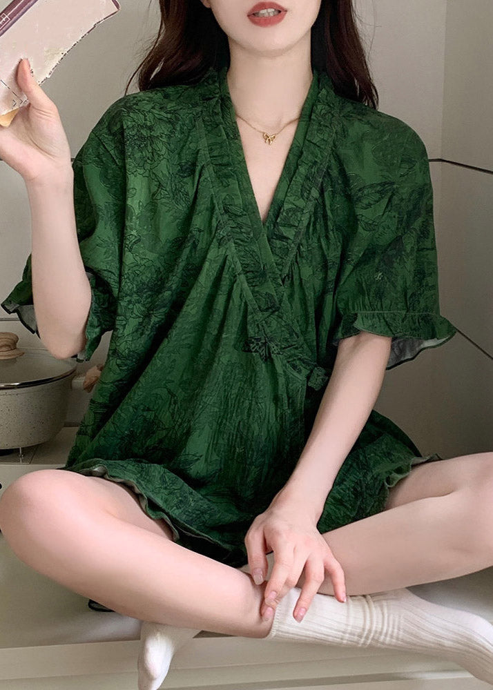 Style Green V Neck Print Pajama Set