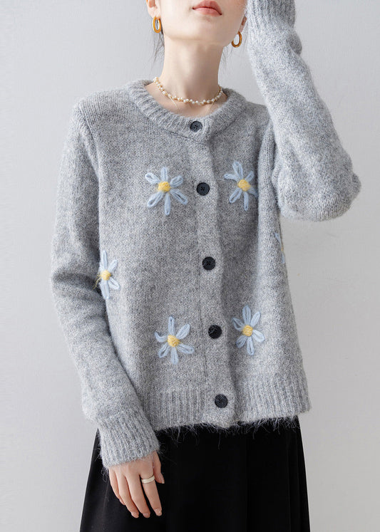 Style Grey Oversized Floral Knit Cardigans Winter