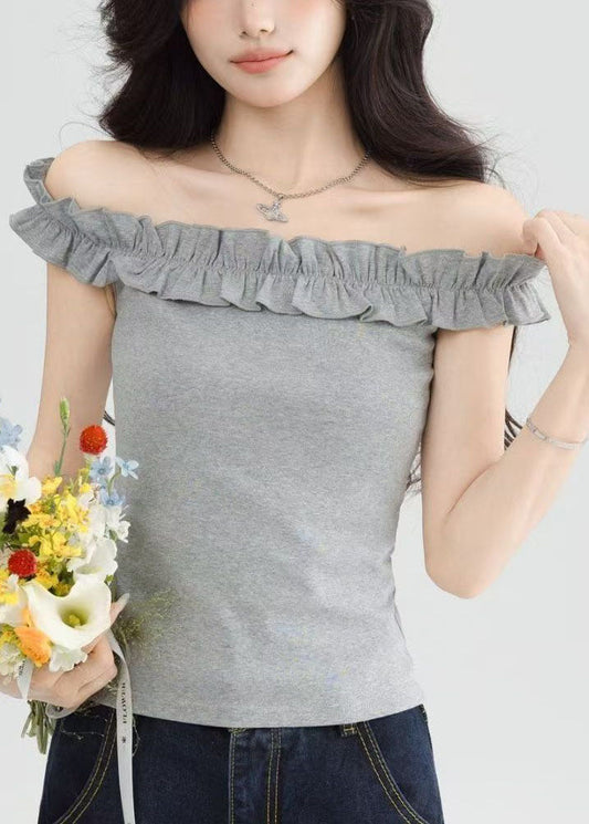 Style Grey Slash Neck Ruffled Short Sleeve Yoga Tops Women