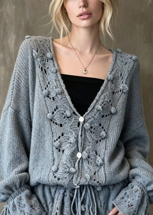 Style Grey V Neck Hollow Out Patchwork Knit Cardigan Flare Sleeve