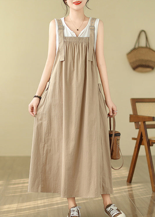 Style Khaki Oversized Pockets Cotton Cami Dress Summer