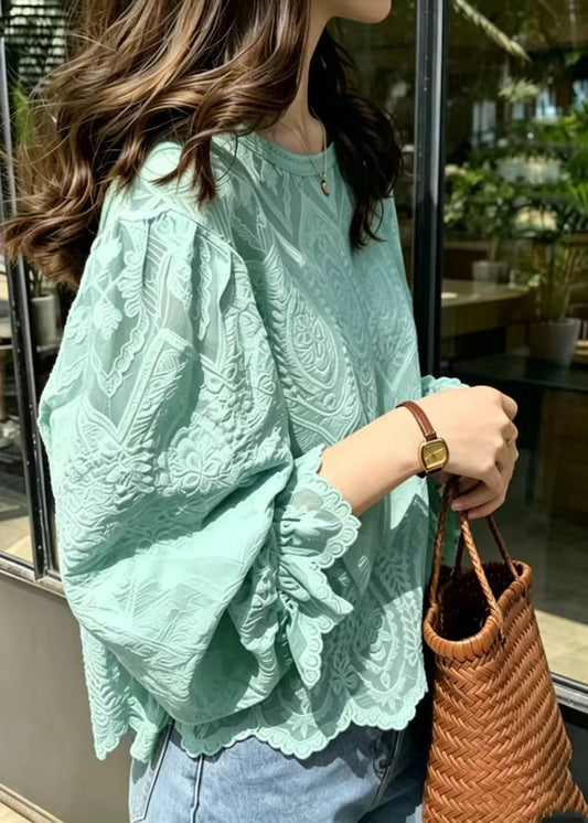 Style Lake Green Embroidered Lace Blouses Summer