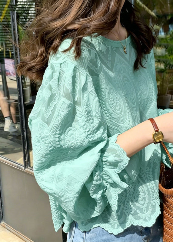Style Lake Green Embroidered Lace Blouses Summer