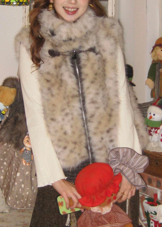 Style Leopard Zippered Pockets Leather And Fur Waistcoat Winter