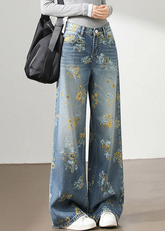 Style Light Blue High Waist Pockets Denim Wide Leg Print Pants