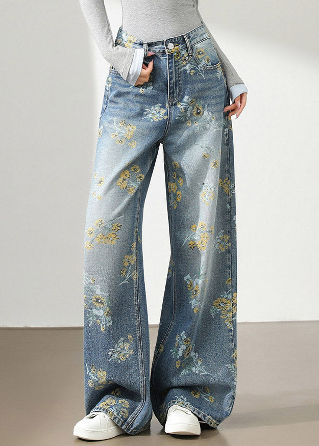 Style Light Blue High Waist Pockets Denim Wide Leg Print Pants