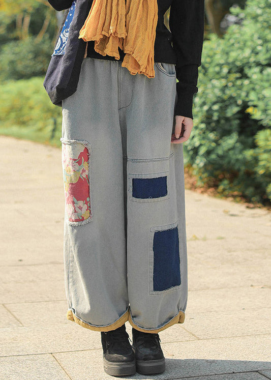 Style Light Blue Pockets Patch Elastic Waist Wide Leg Jeans Fall