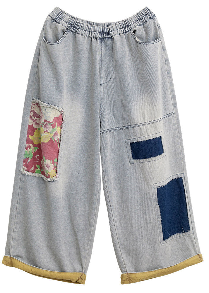 Style Light Blue Pockets Patch Elastic Waist Wide Leg Jeans Fall