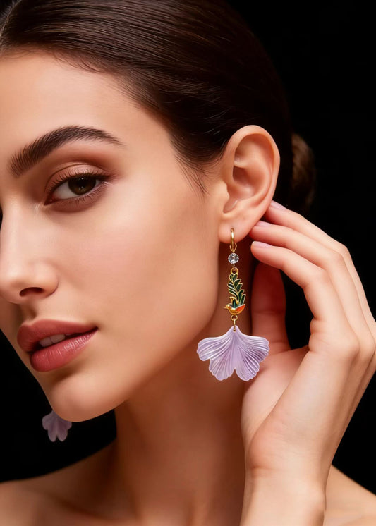 Style Light Purple Ginkgo Leaf Peacock Gilding Drop Earrings