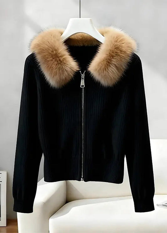 Style Mulberry Fur Collar Zip Up Knit Cardigan Winter