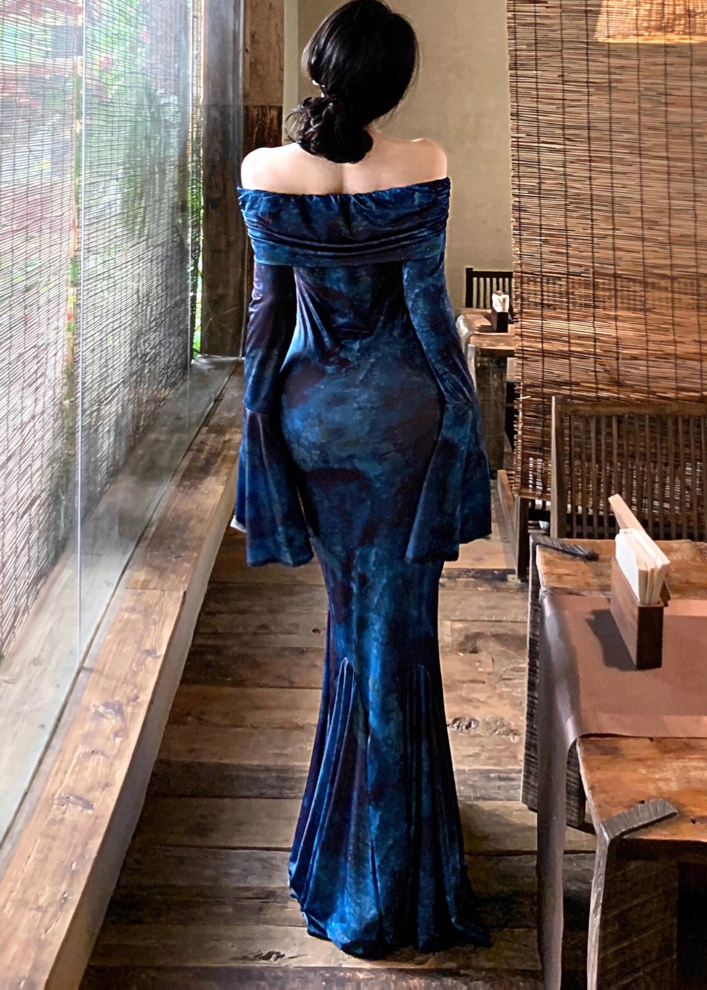 Style Navy Strapless Tie Dye Vestidos Dress Flare Sleeve