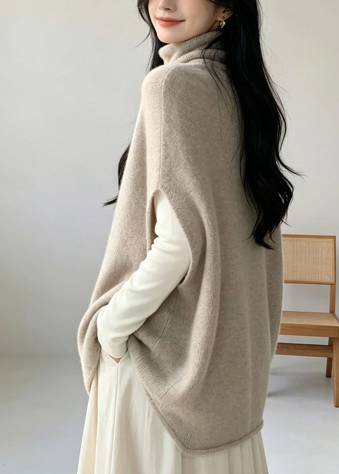 Style Oat Color Patchwork Cozy Solid Cotton Knit Waistcoat Fall
