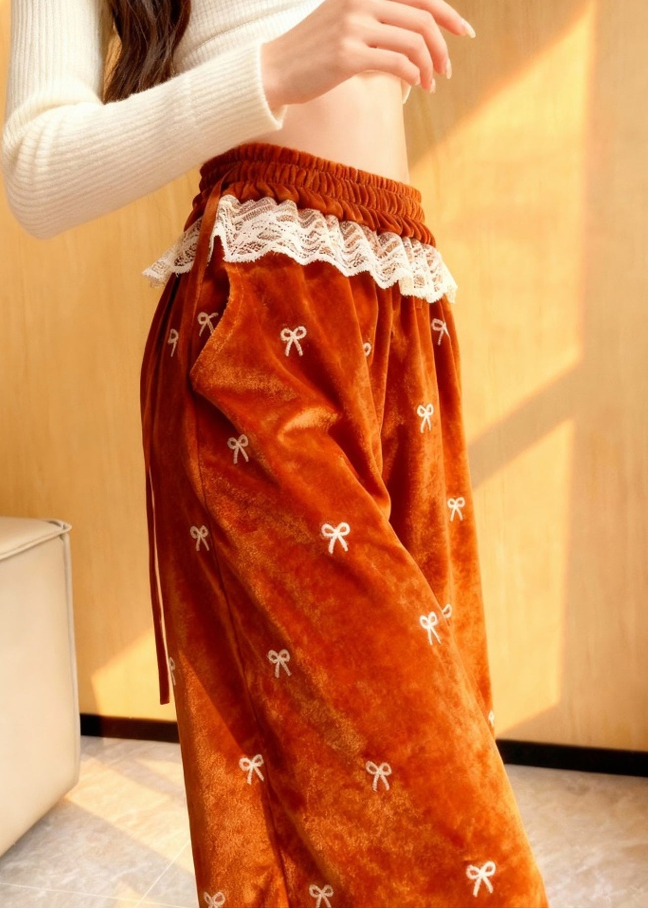Style Orange Bow Lace Patchwork Silk Velvet Pants Winter