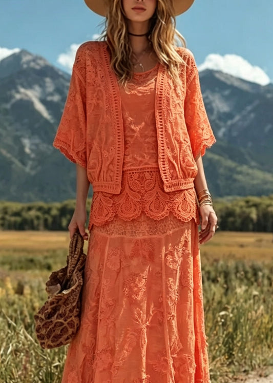 Style Orange O Neck Hollow Out Lace Patchwork Three Piece Suit Set Summer