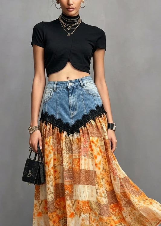Style Orange Pockets Lace Denim Patchwork Cotton Skirt Summer