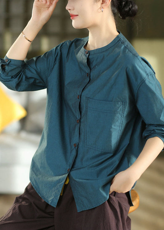 Style Pickled Vegetable Green Stand Collar Patchwork Button Solid Shirt Fall