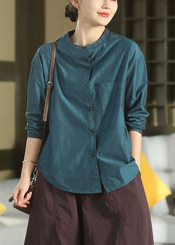 Style Pickled Vegetable Green Stand Collar Patchwork Button Solid Shirt Fall