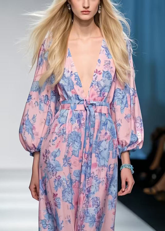 Style Pink Cinched Print Chiffon Vacation Dresses Spring