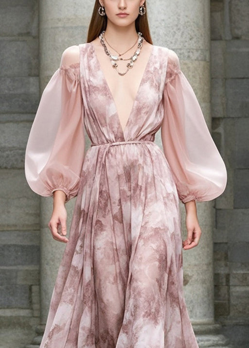 Style Pink Cold Shoulder Print Chiffon Party Dresses Fall