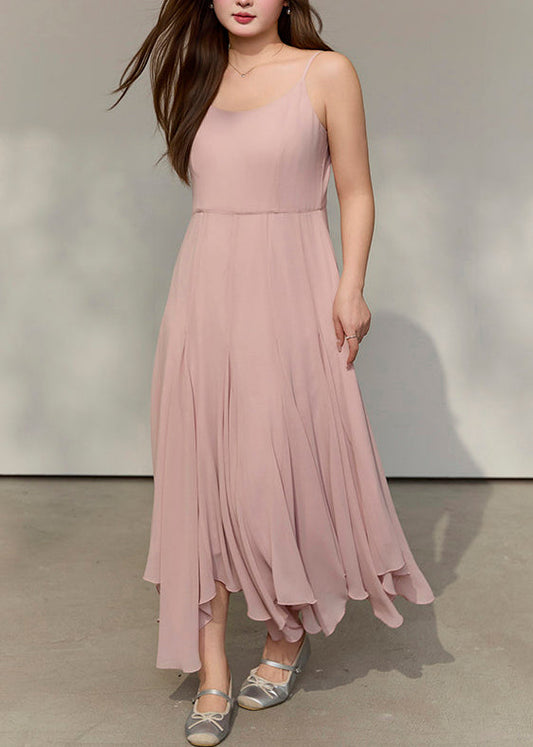 Style Pink Exra Large Hem Draping Chiffon Spaghetti Strap Dress Summer