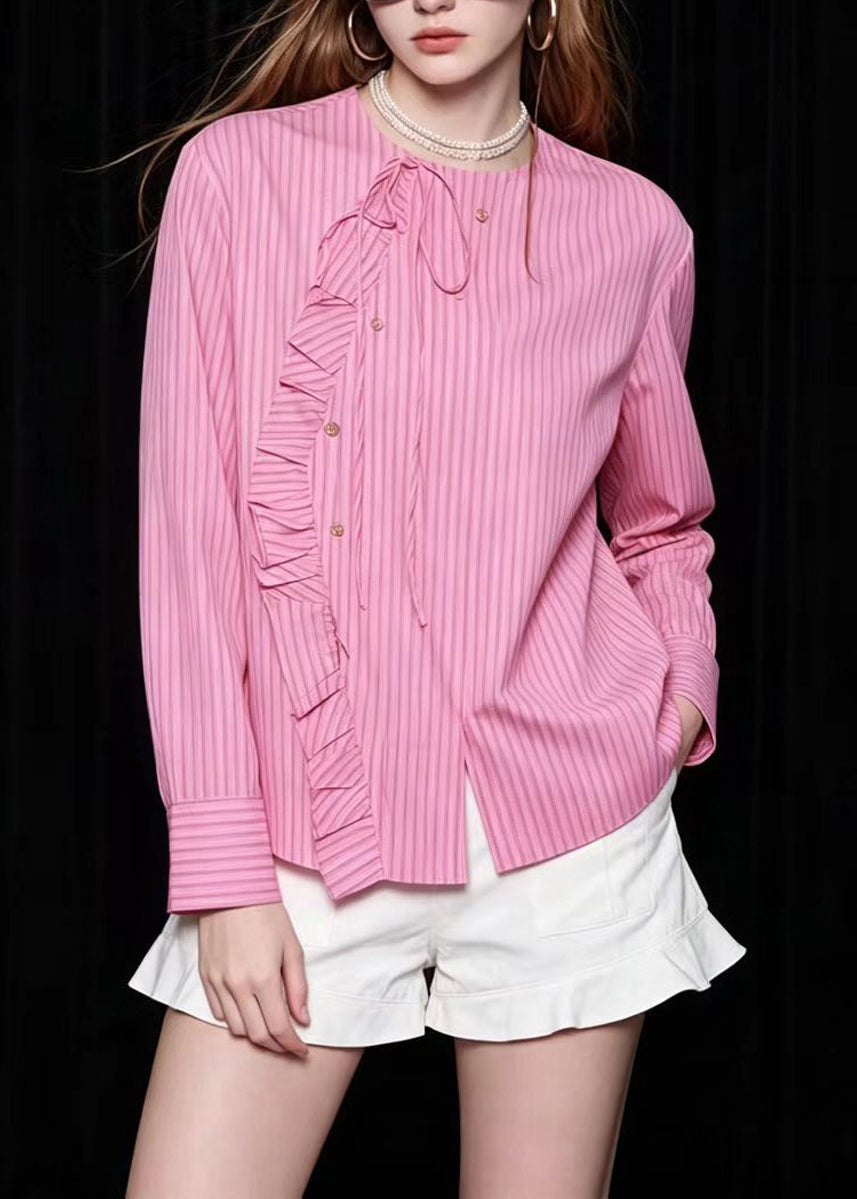 Style Pink O-Neck Ruffled Striped Shirts Long Sleeve
