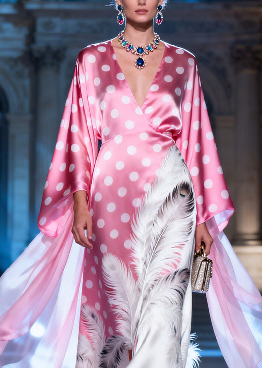 Style Pink V Neck Dot Feather Print Silk Long Dresses Summer