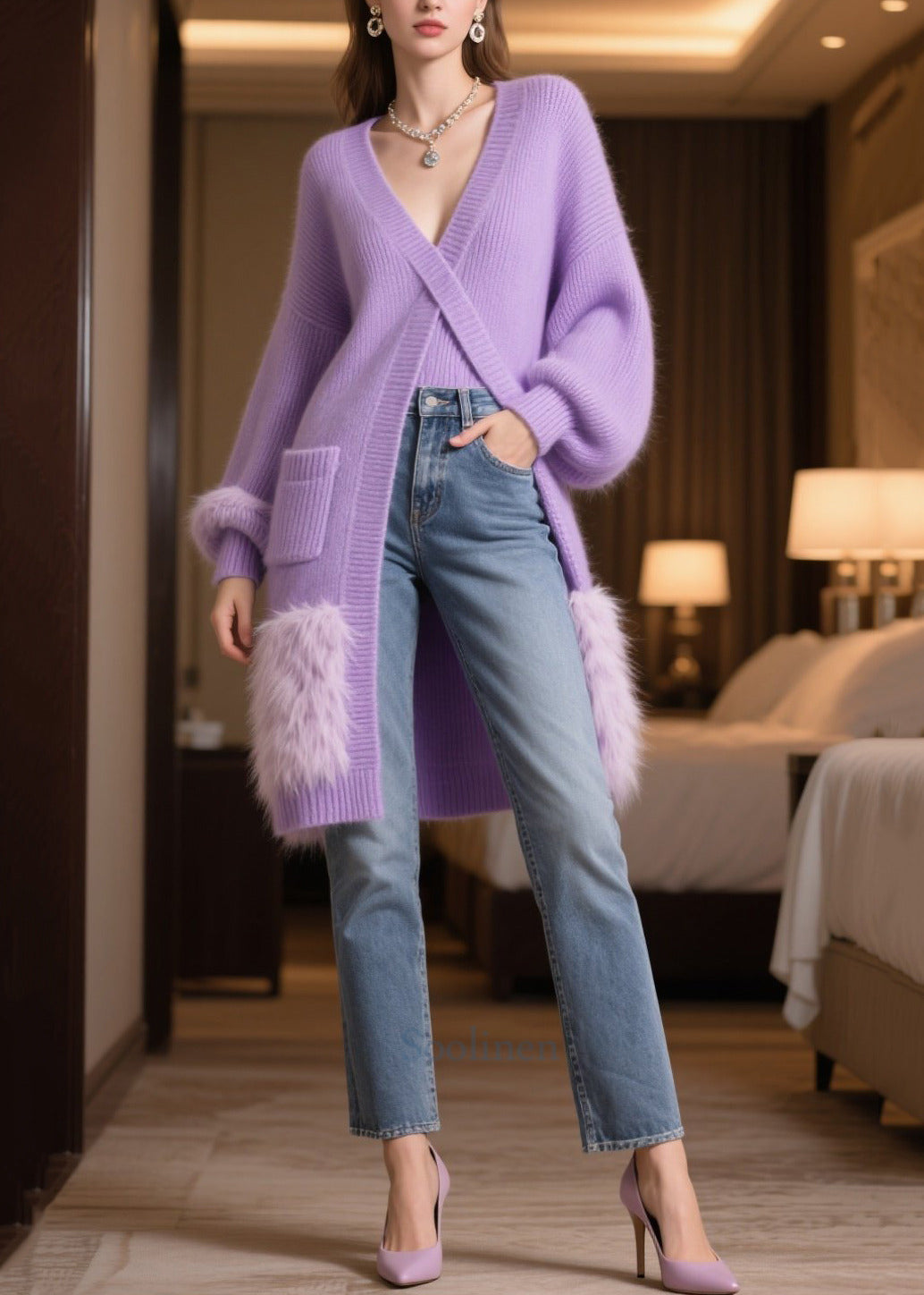 Style Purple Side Open Patchwork Faux Fur Long Knit Dress Winter