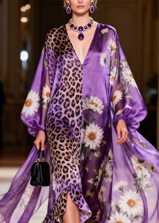 Style Purple V Neck Print Ruffled Patchwork Silk Long Dresses Summer