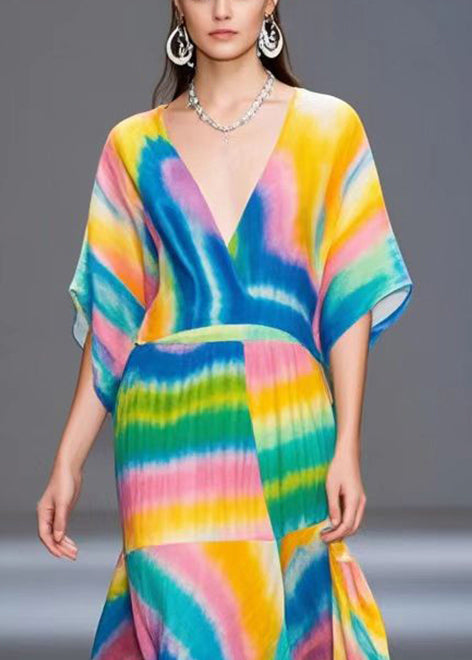 Style Rainbow V Neck Tie Dye Chiffon Ankle Dress Batwing Sleeve