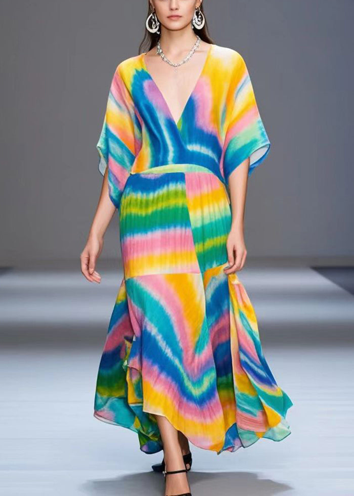 Style Rainbow V Neck Tie Dye Chiffon Ankle Dress Batwing Sleeve
