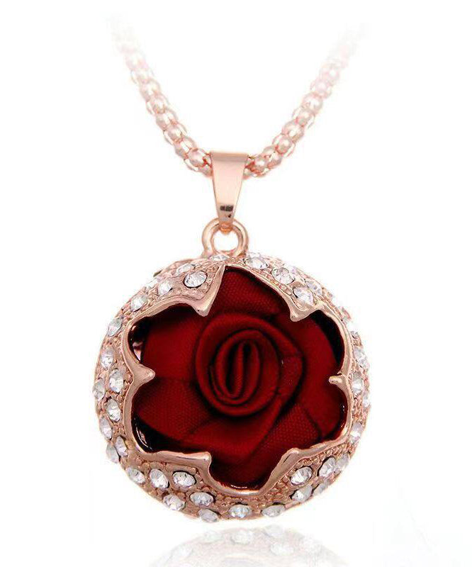 Style Red Copper Overgild Zircon Rose Pendant Necklace