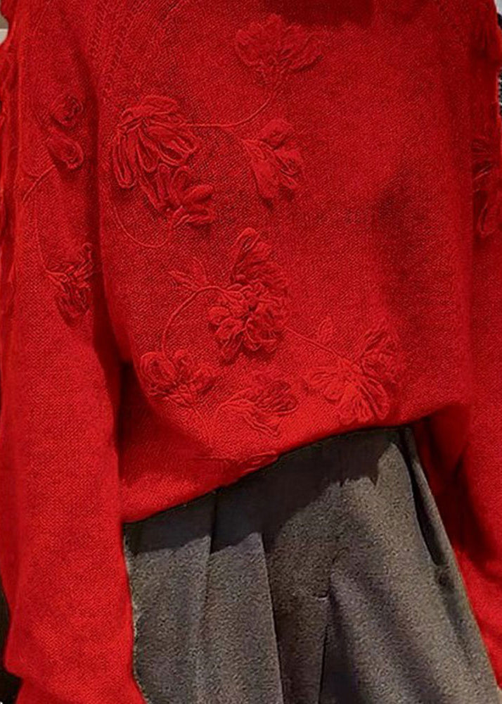 Style Red Cozy Embroidered Thick Cotton Knit Sweater Fall