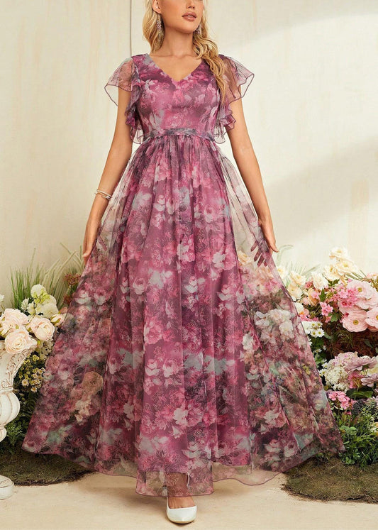 Style Red Print High Waist Tulle Maxi Dress Summer