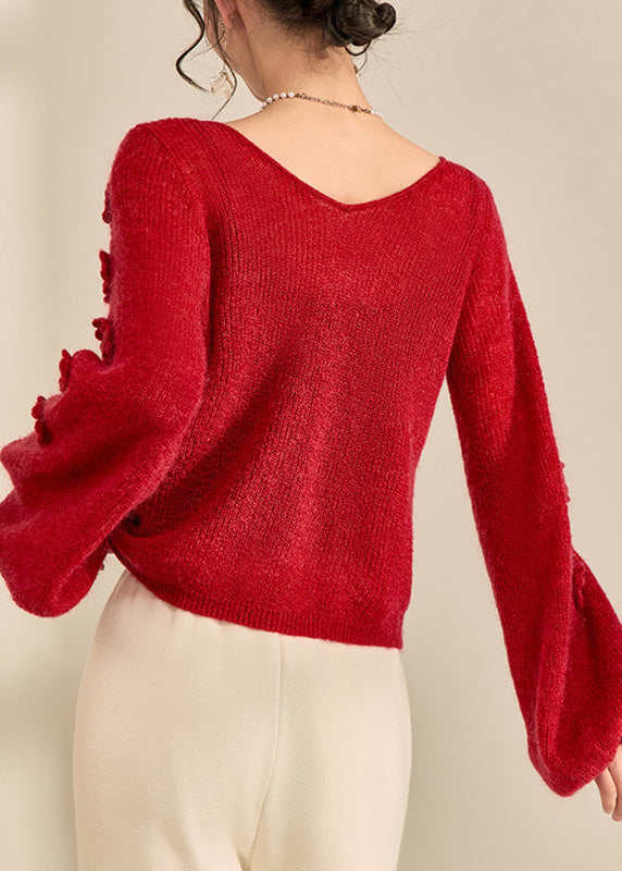 Style Red V Neck Drawstring Solid Cotton Knit Sweater Lantern Sleeve