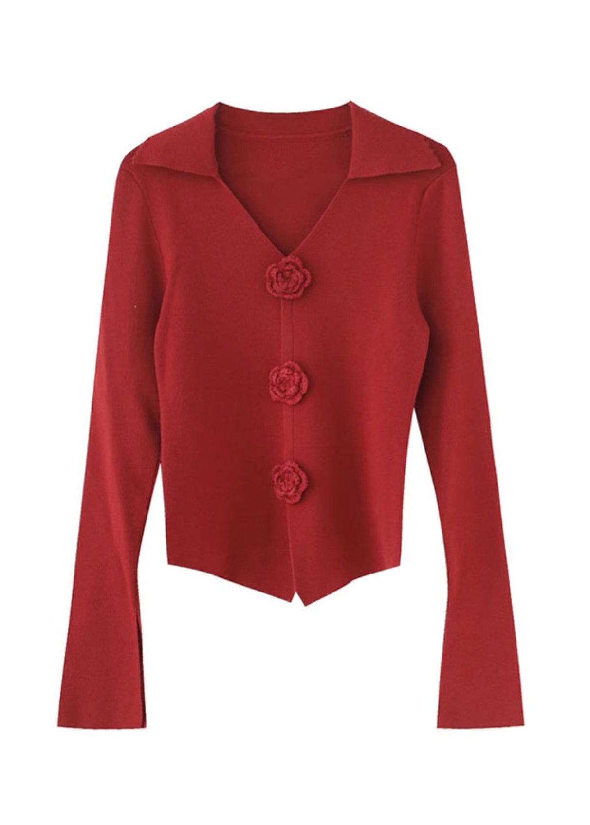 Style Red V Neck Floral Slim Fit Knit Sweater Spring