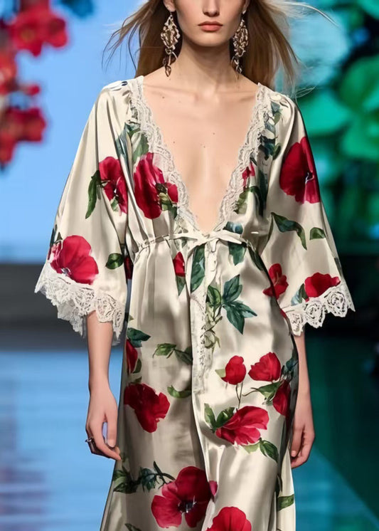 Style V Neck Floral Print Silk Holiday Dresses Summer