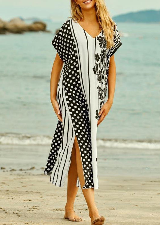Style White Dot Floral V Neck Cotton Loose Beach Gown Mid Dress - SooLinen