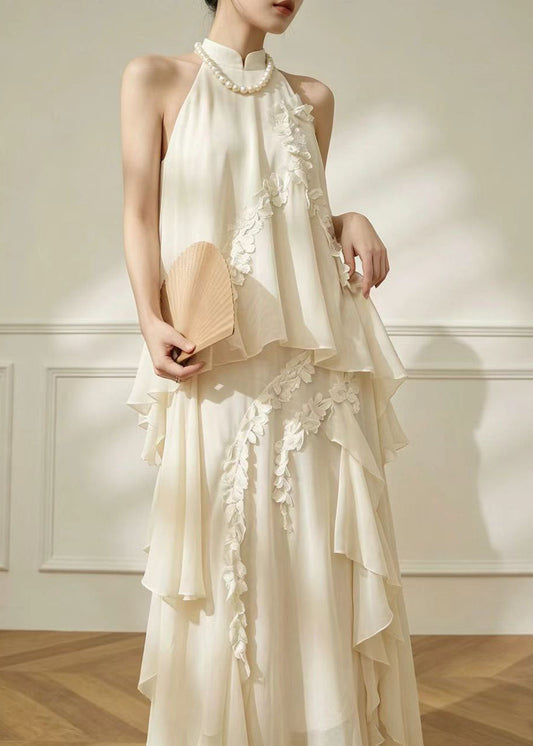 Style White Mandarin Collar Cold Shoulder Chiffon Robe Dresses Summer