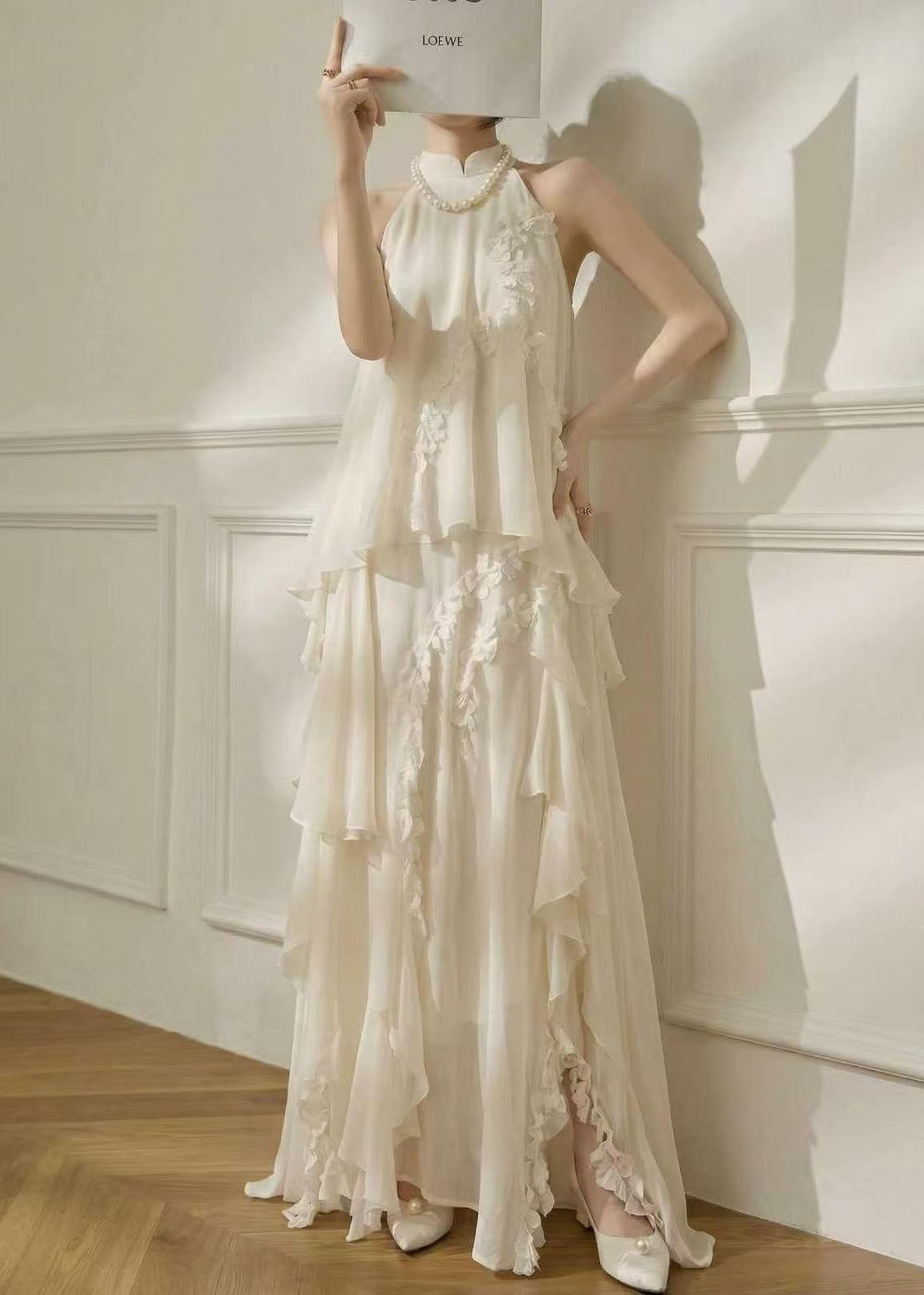 Style White Mandarin Collar Cold Shoulder Chiffon Robe Dresses Summer