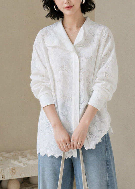 Style White Peter Pan Collar Lace Shirts Fall